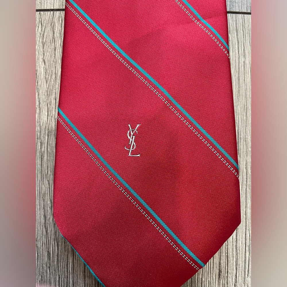 Yves Saint Laurent Vintage Red Tie Maroon Red‎ Striped Men YSL Logo Formal